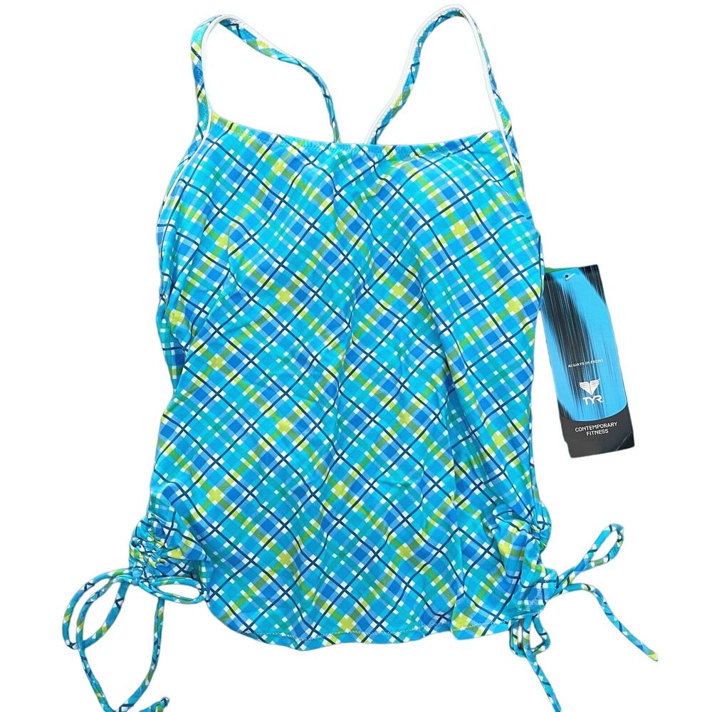 TYR Phoenix Plaid Tankini Swim Top - Blue Lagoon - Size 10 - $54